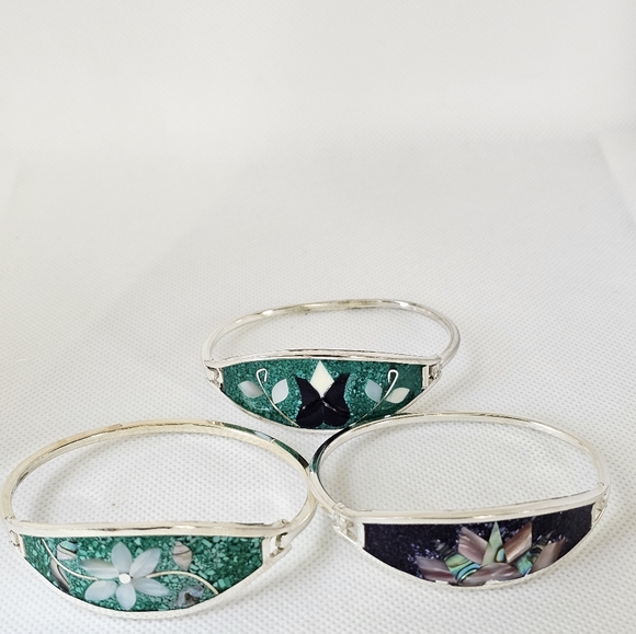 Vintage 3 Crushed Turquoise & Abalone Alpaca Silver Bracelets! - Picture 6 of 10